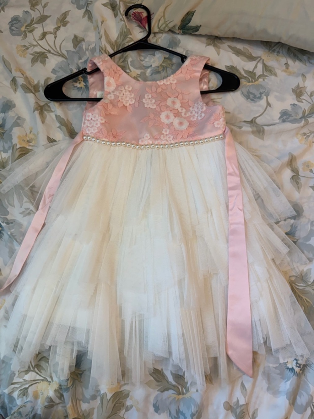 Girls Pink and Ivory Floral Tulle Dress - Picture 2 of 2